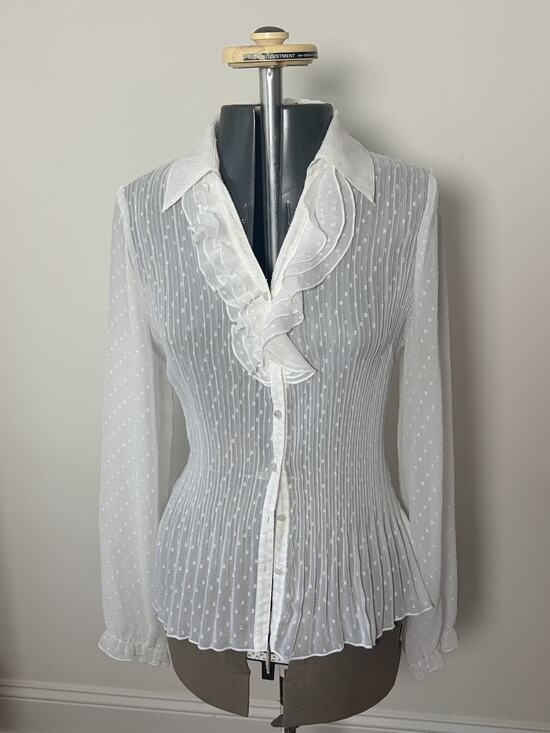 Luxe by NW Design Co Tops - Luxe by NW Design Co White Sheer Swiss Dot Ruffled Long Sleeve Top Blouse